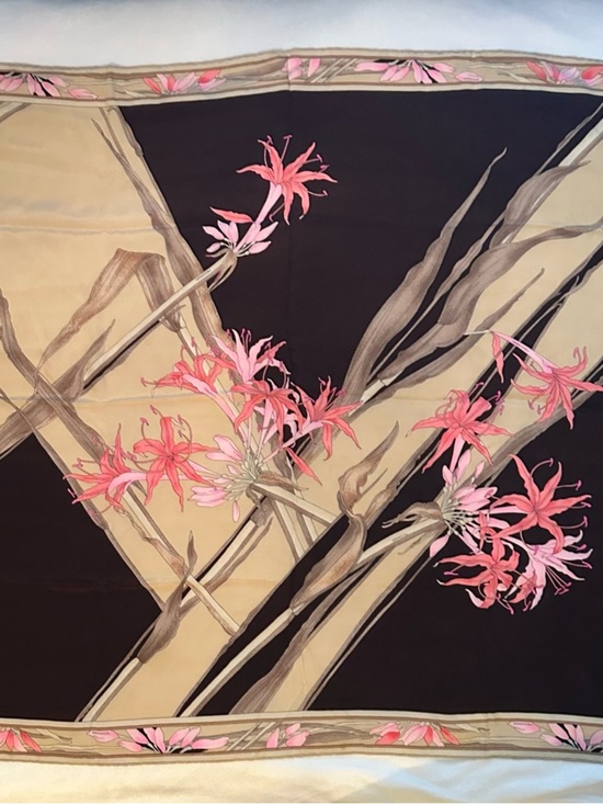 Vintage Leonard Pink Floral 100% Silk Scarf Made Italy Flowers Tan Beige Black